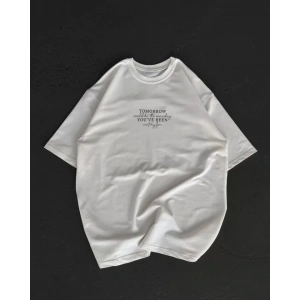 Unisex Bisiklet Yaka Baskılı Oversize T-Shirt - Beyaz