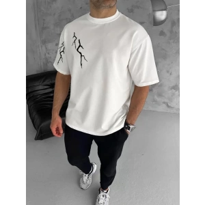 Unisex Bisiklet Yaka Baskılı Oversize T-Shirt - Beyaz