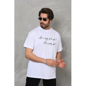 Unisex Bisiklet Yaka Baskılı Oversize T-Shirt - Beyaz