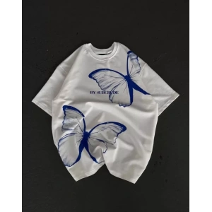 Unisex Bisiklet Yaka Baskılı Oversize T-Shirt - Beyaz