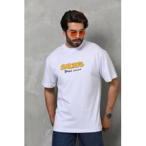 Unisex Bisiklet Yaka Baskılı Oversize T-Shirt - Beyaz