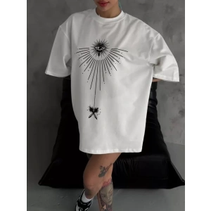 Unisex Bisiklet Yaka Baskılı Oversize T-Shirt - Beyaz