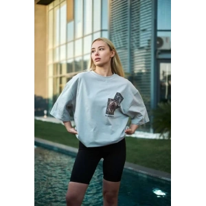Unisex Bisiklet Yaka Baskılı Oversize T-Shirt - Boyalı Gri