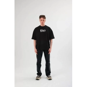 Unisex Bisiklet Yaka Baskılı Oversize T-Shirt - Siyah