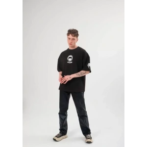 Unisex Bisiklet Yaka Baskılı Oversize T-Shirt - Siyah