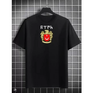 Unisex Bisiklet Yaka Baskılı Oversize T-Shirt - Siyah