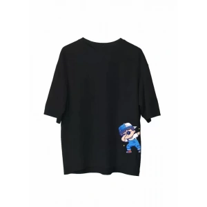 Unisex Bisiklet Yaka Baskılı Oversize T-Shirt - Siyah