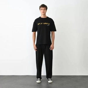 Unisex Bisiklet Yaka Baskılı Oversize T-Shirt - Siyah