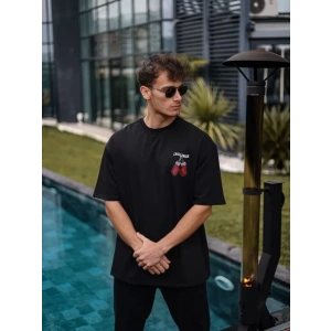 Unisex Bisiklet Yaka Baskılı Oversize T-Shirt - Siyah