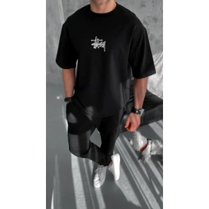 Unisex Bisiklet Yaka Baskılı Oversize T-Shirt - Siyah