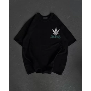 Unisex Bisiklet Yaka Baskılı Oversize T-Shirt - Siyah