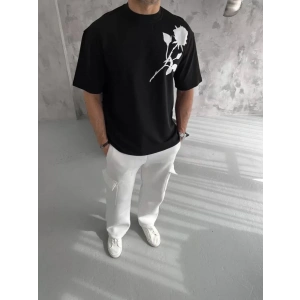 Unisex Bisiklet Yaka Baskılı Oversize T-Shirt - Siyah