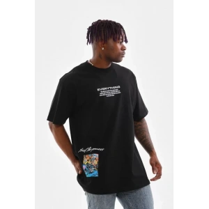 Unisex Bisiklet Yaka Baskılı Oversize T-Shirt - Siyah