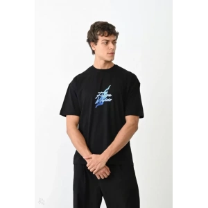 Unisex Bisiklet Yaka Baskılı Oversize T-Shirt - Siyah