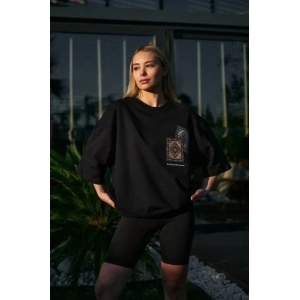 Unisex Bisiklet Yaka Baskılı Oversize T-Shirt - Siyah