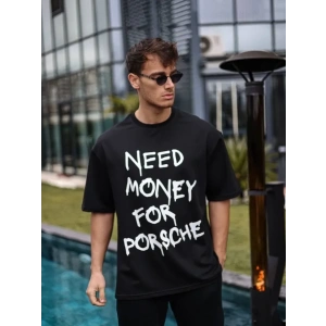 Unisex Bisiklet Yaka Baskılı Oversize T-Shirt - Siyah