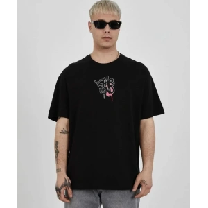 Unisex Bisiklet Yaka Baskılı Oversize T-Shirt - Siyah