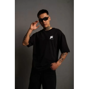 Unisex Bisiklet Yaka Baskılı Oversize T-Shirt - Siyah