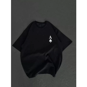 Unisex Bisiklet Yaka Baskılı Oversize T-Shirt - Siyah