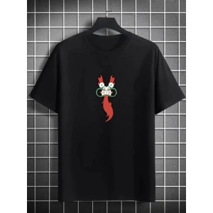 Unisex Bisiklet Yaka Baskılı Oversize T-Shirt - Siyah