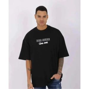 Unisex Bisiklet Yaka Baskılı Oversize T-Shirt - Siyah