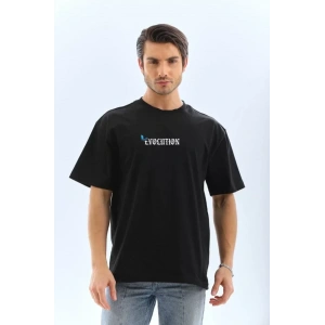 Unisex Bisiklet Yaka Baskılı Oversize T-Shirt - Siyah