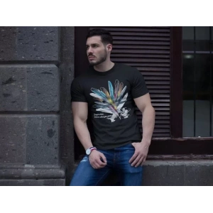 Unisex Bisiklet Yaka Baskılı Oversize T-Shirt - Siyah