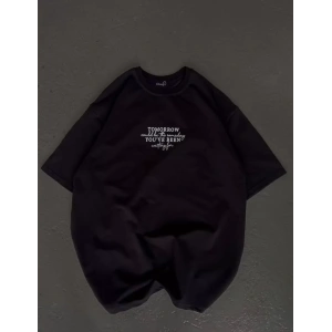 Unisex Bisiklet Yaka Baskılı Oversize T-Shirt - Siyah