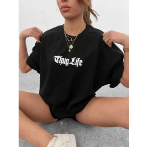 Unisex Bisiklet Yaka Baskılı Oversize T-Shirt - Siyah
