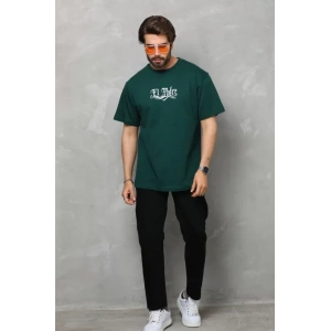Unisex Bisiklet Yaka Baskılı Oversize T-Shirt - Yeşil