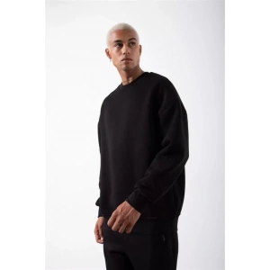 Unisex Biskilet Yaka Üç İplik SweatShirt - Siyah