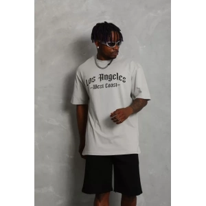 Unisex Oversize Baskılı Bisiklet Yaka T-Shirt - Gri