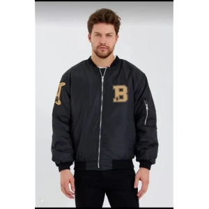 Unisex Uzun Kol Baskılı Bomber Ceket - Siyah