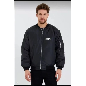 Unisex Uzun Kol Baskılı Bomber Ceket - Siyah