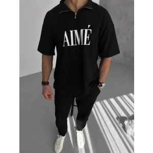 Unisex Yarım Fermuarlı Baskılı T-Shirt - Siyah