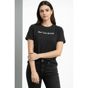 Wafıl Kumaş Tişört Regular Kalıp Bisiklet Yaka Baskılı Günlük Basic T-Shirt - Siyah