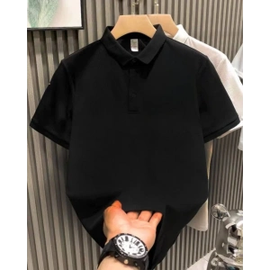 Yakası Düğmeli Yakalı Pike Düz T-Shirt - Siyah