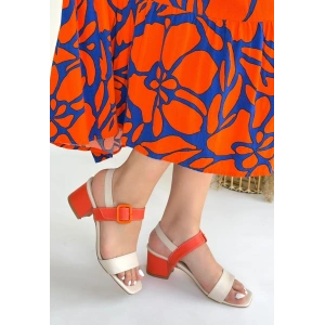 Year Bej Cilt Turuncu Detaylı Turuncu Topuklu Topuklu Ayakkabı