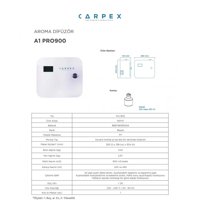 A1 Pro 900 Koku Makinesi ve A1 Koku Kartuşu 200 ML Seti (KARTUŞ TANIMALI)