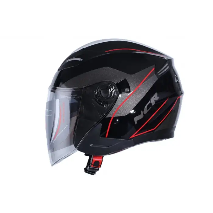KASK ÇENESİZ VİZÖRLÜ NCR 708 ECE BELGELİ PARLAK SİYAH KIRMIZI GRAFİK