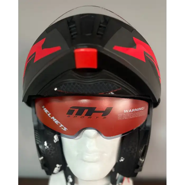 MH ÇENE AÇILIR KASK MAT SİYAH KIRMIZI