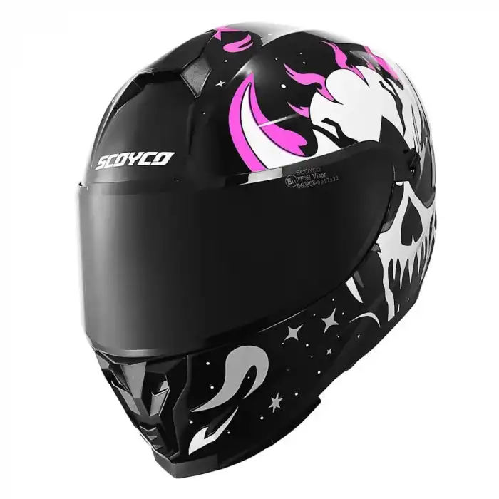 SCOYCO 869 SKULL SİYAH-PEMBE KASK MAT SİYAH/ PEMBE