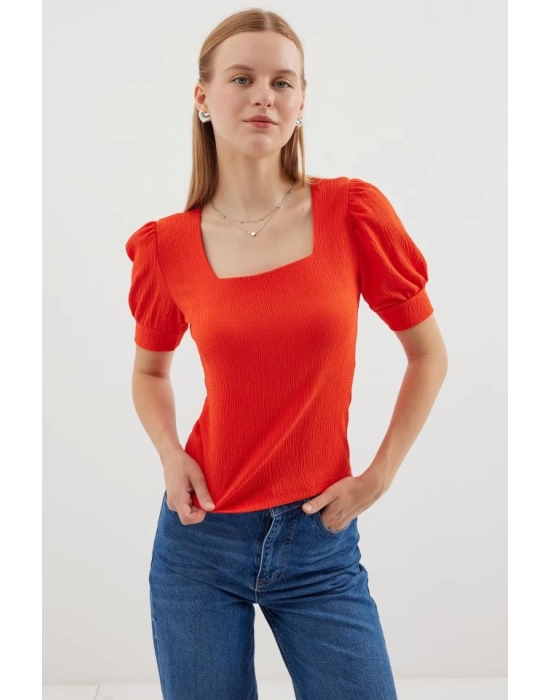 0409 Kare Yaka Örme Bluz - Oranje