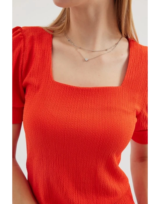 0409 Kare Yaka Örme Bluz - Oranje