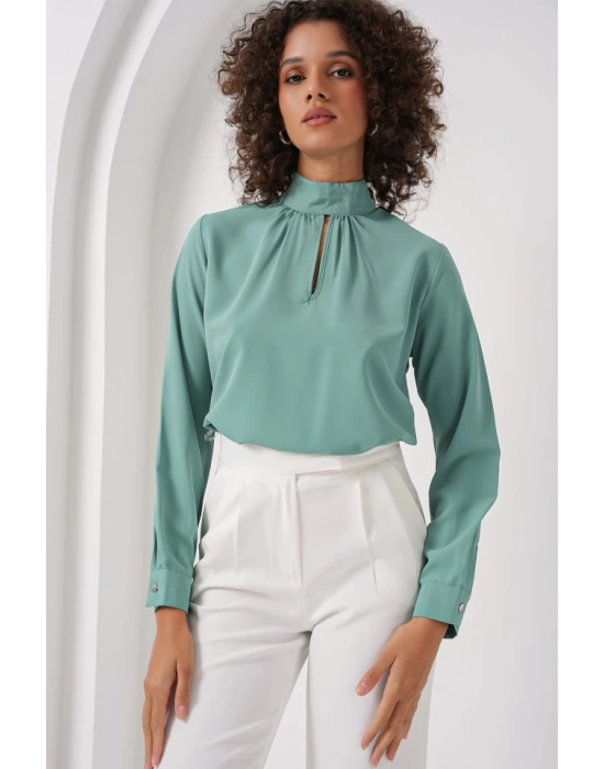 0418 Pencere Detaylı Bluz - Su Yeşili