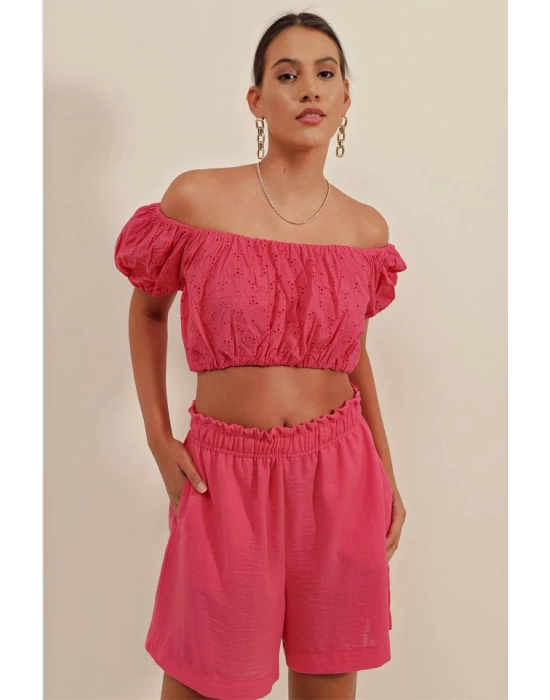 0481 Fistolu Straplez Bluz - Fuşya