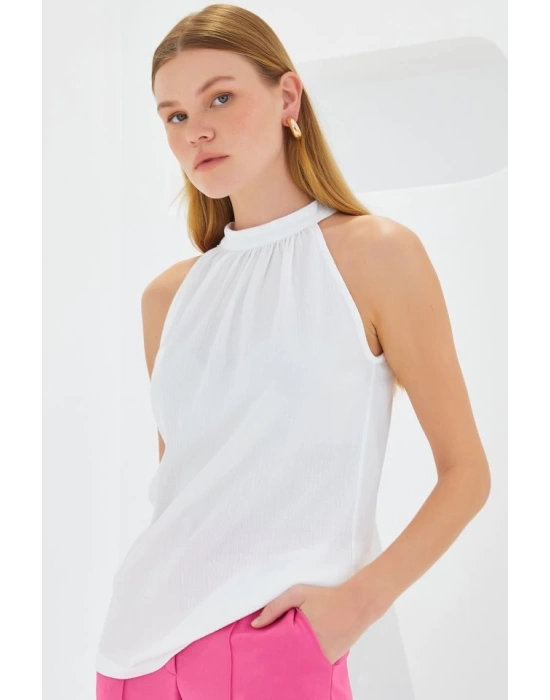 0489 Halter Yaka Örme Bluz - Beyaz