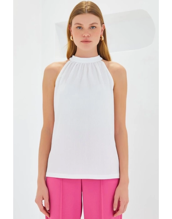0489 Halter Yaka Örme Bluz - Beyaz