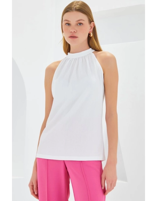 0489 Halter Yaka Örme Bluz - Beyaz