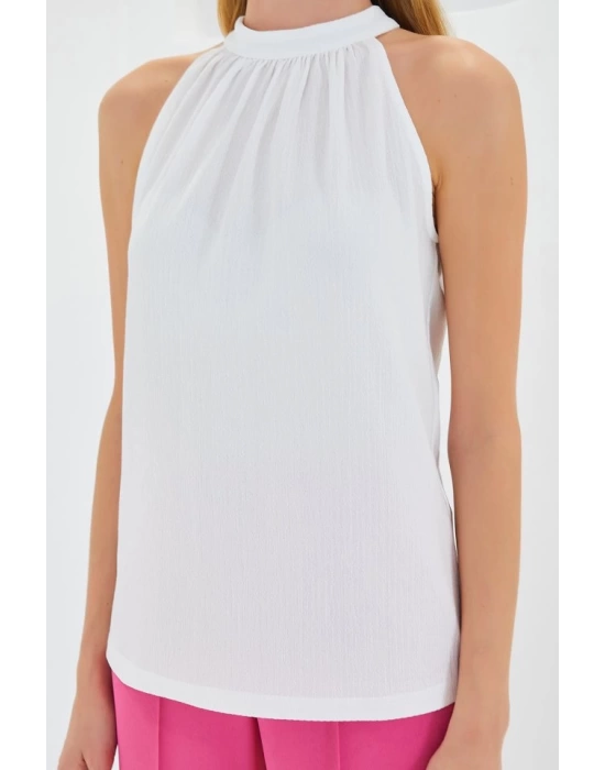 0489 Halter Yaka Örme Bluz - Beyaz